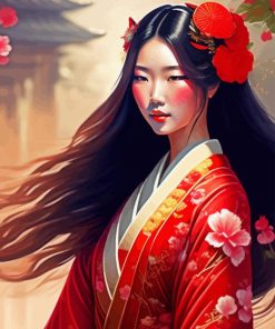 Japanese Girl And Red Flowers Diamond Painting