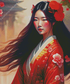 Japanese Girl And Red Flowers Diamond Painting