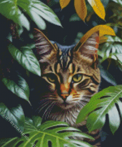 Tabby Cat Behind Leaves Diamond Painting