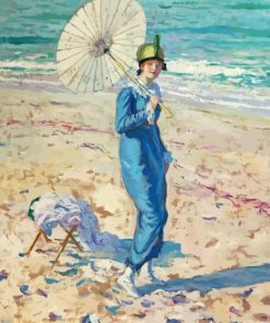 Woman Holding Umbrella On Beach Diamond Painting