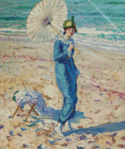 Woman Holding Umbrella On Beach Diamond Painting