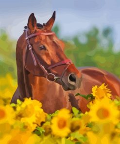 Bay Horse in Sunflower Field Diamond Painting