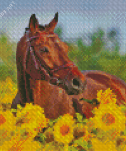 Bay Horse in Sunflower Field Diamond Painting