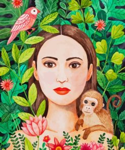 Jungle And Woman With Monkey Diamond Painting