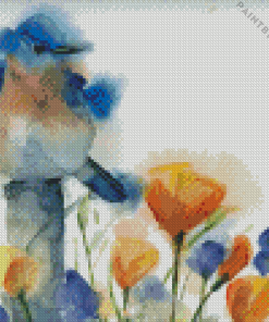 Watercolor Bluebird on Flowers Diamond Painting