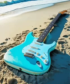 Blue Guitar On The Beach Diamond Painting