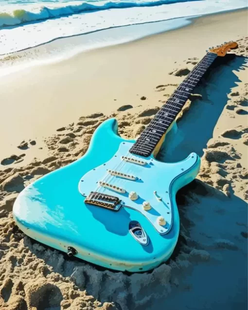 Blue Guitar On The Beach Diamond Painting