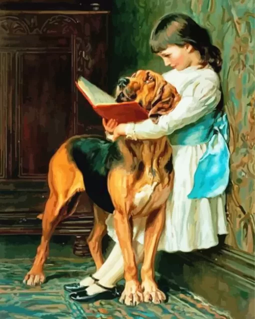 Little Girl And Bloodhound Diamond Painting