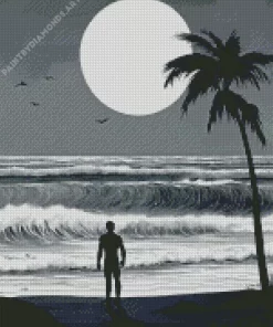 Black And White Full Moon Palm Tree Diamond Painting