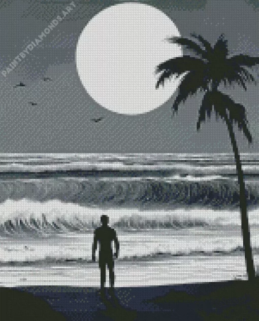 Black And White Full Moon Palm Tree Diamond Painting