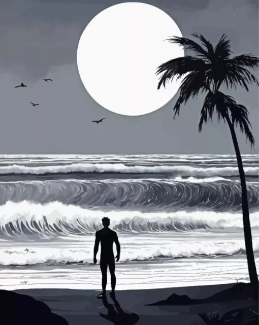 Black And White Full Moon Palm Tree Diamond Painting