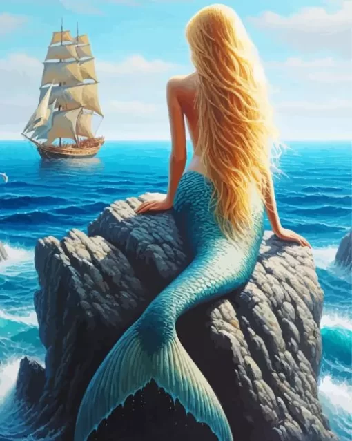 Blond Mermaid On Rock Diamond Painting