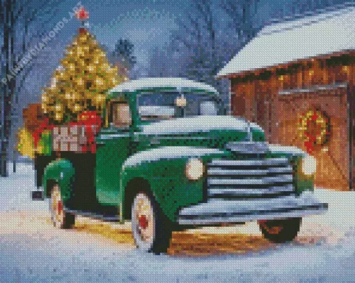 Christmas Green Farm Truck Diamond Painting