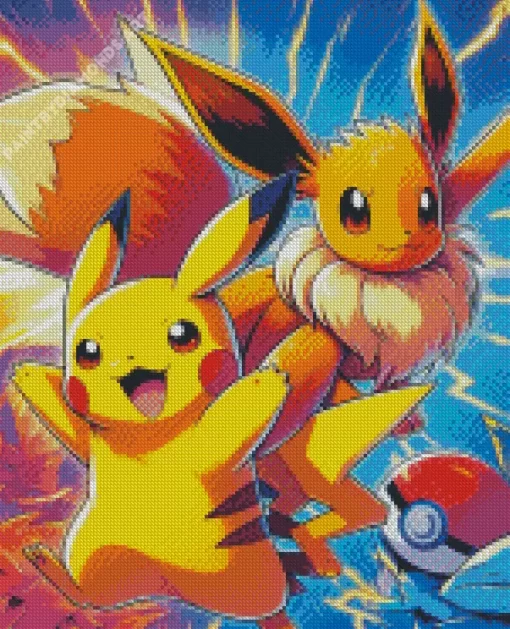 Excited Pikachu and Eevee Diamond Painting