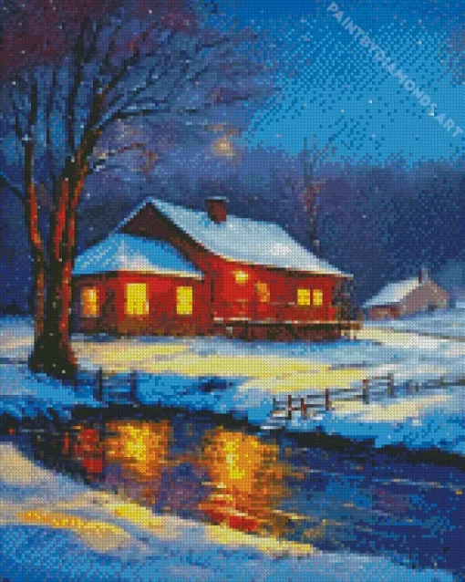 Farmhouse In The Snow Diamond Painting