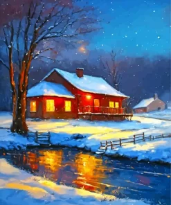 Farmhouse In The Snow Diamond Painting