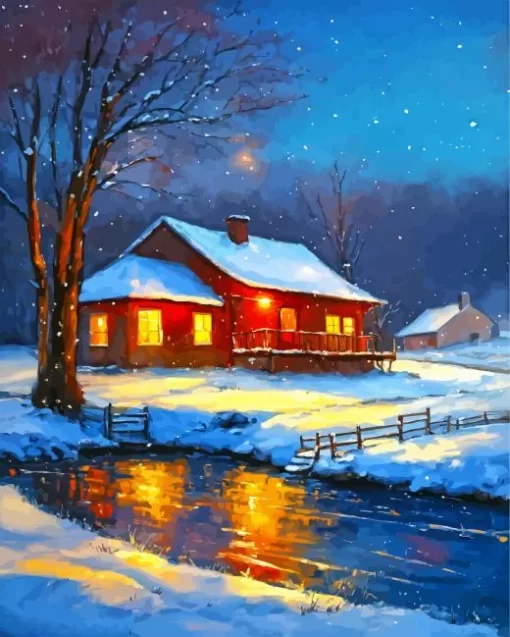 Farmhouse In The Snow Diamond Painting