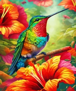 Green Blue Hummingbird And Flowers Diamond Painting