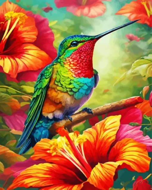 Green Blue Hummingbird And Flowers Diamond Painting