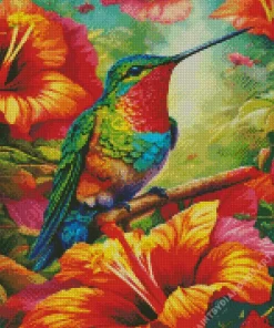 Green Blue Hummingbird And Flowers Diamond Painting