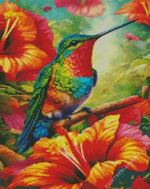 Green Blue Hummingbird And Flowers Diamond Painting