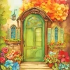 Green Front Door And Flowers Diamond Painting