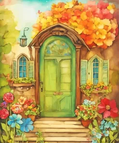 Green Front Door And Flowers Diamond Painting