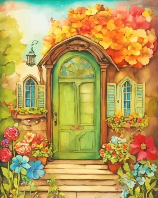 Green Front Door And Flowers Diamond Painting