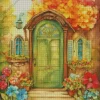 Green Front Door And Flowers Diamond Painting