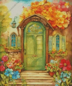 Green Front Door And Flowers Diamond Painting