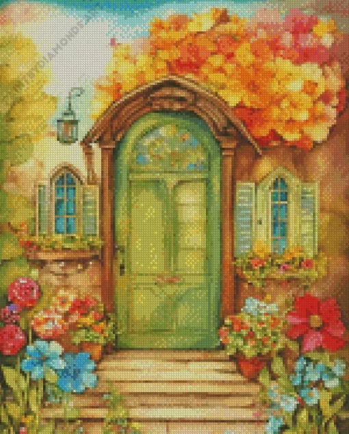 Green Front Door And Flowers Diamond Painting