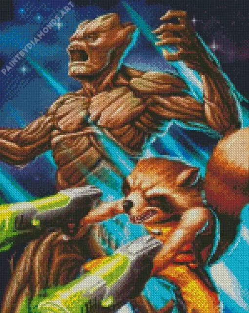 Groot Rocket Racoon Fightning Diamond Painting