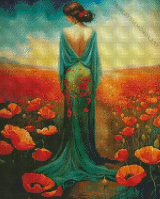 Lady And Poppy Flowers Art Diamond Painting