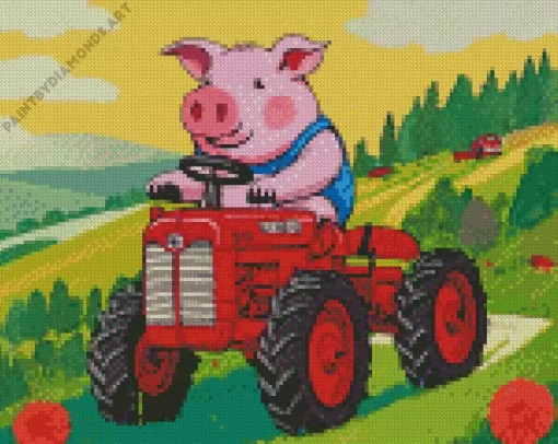 Pig Driving Farm Tractor Diamond Painting