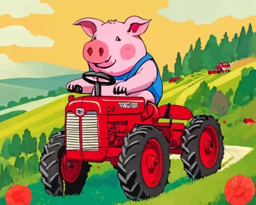 Pig Driving Farm Tractor Diamond Painting