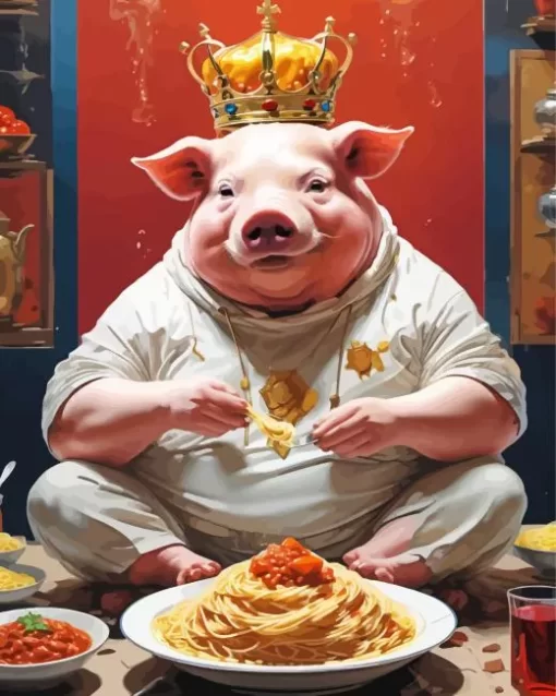 Pig Eating Spaghetti Diamond Painting