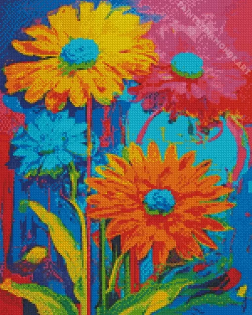 Pink Blue And Yellow Flowers Diamond Painting