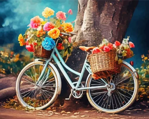 Blue Bike And Flowers Baskets Diamond Painting