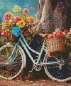 Blue Bike And Flowers Baskets Diamond Painting