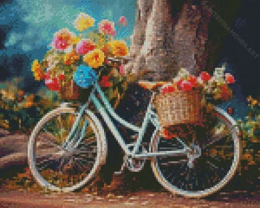 Blue Bike And Flowers Baskets Diamond Painting