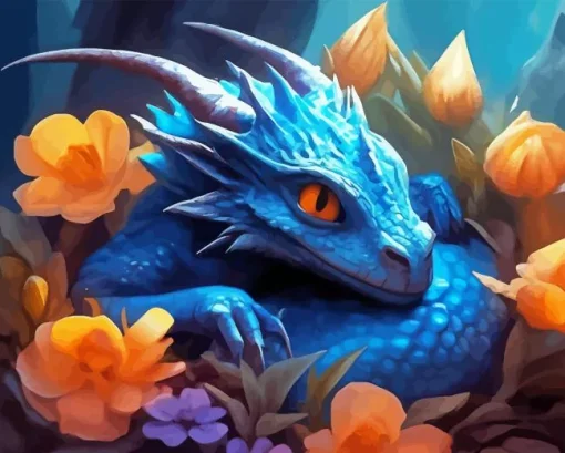 Blue Dragon And Flowers Diamond Painting