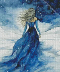 Girl Wearing Blue Dress In Snow Diamond Painting