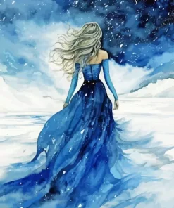 Girl Wearing Blue Dress In Snow Diamond Painting