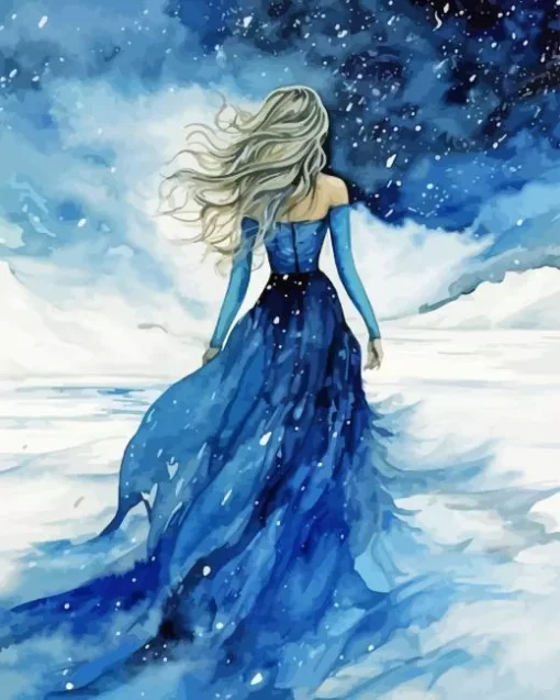 Girl Wearing Blue Dress In Snow Diamond Painting