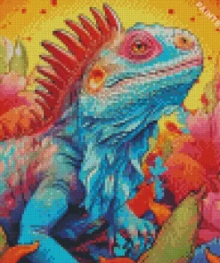 Illustration Blue And Orange Iguana Diamond Painting