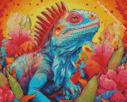 Illustration Blue And Orange Iguana Diamond Painting