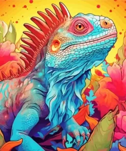 Illustration Blue And Orange Iguana Diamond Painting