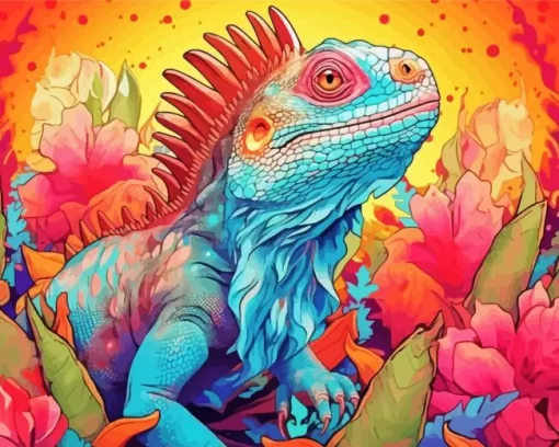 Illustration Blue And Orange Iguana Diamond Painting