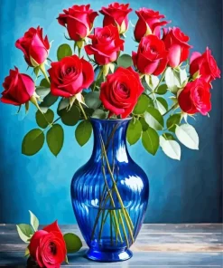 Red Roses Blue Glass Vase Diamond Painting