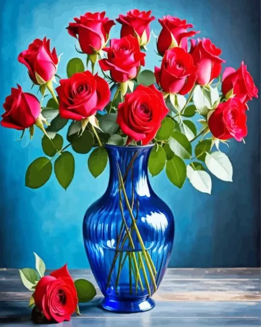 Red Roses Blue Glass Vase Diamond Painting